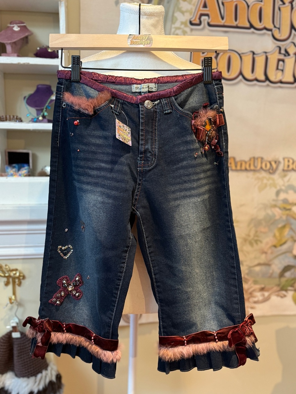 Rabbit fur denim pants